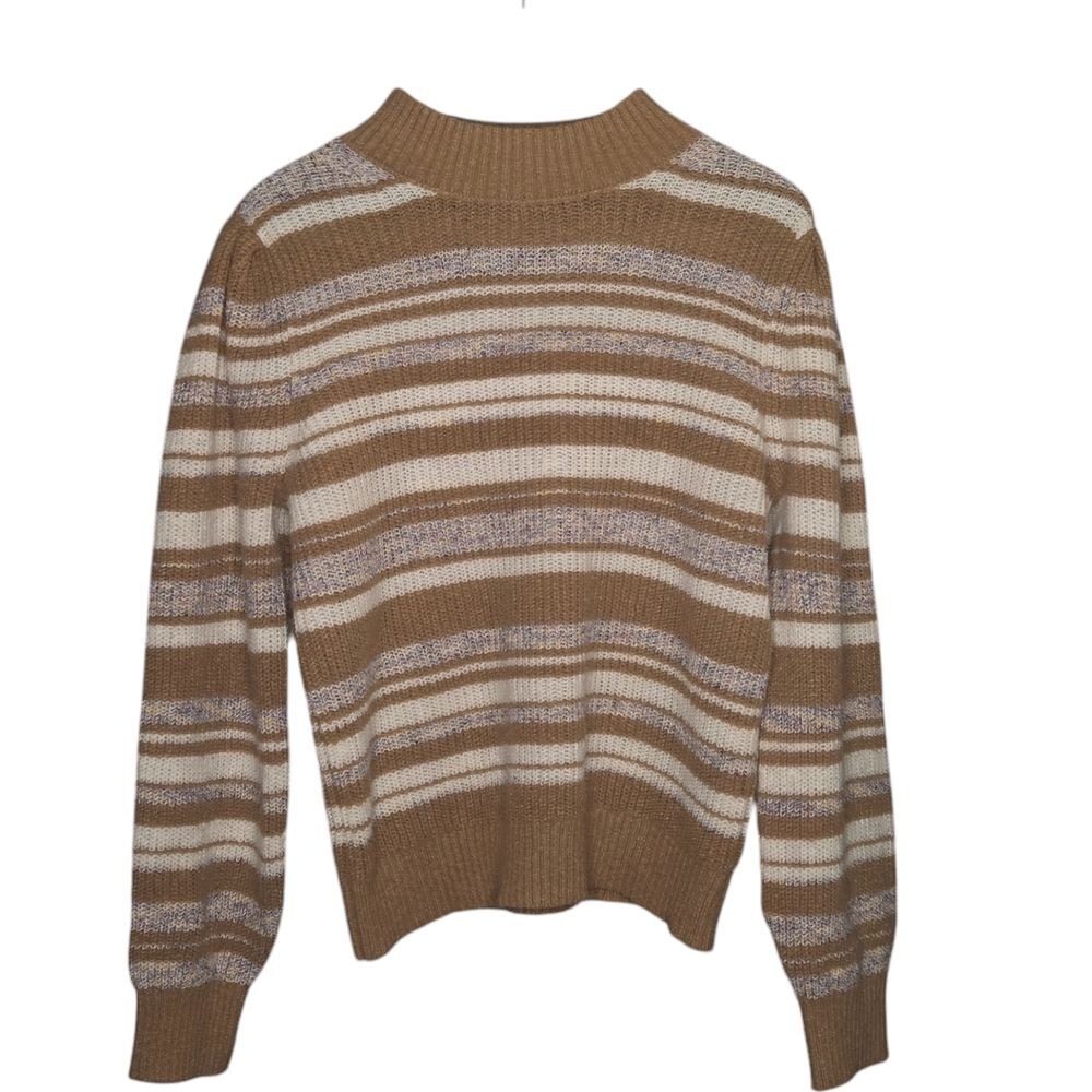 LOFT Sweater Womens XL Brown Cream Striped Ribbed Mock Neck Knit Pullover